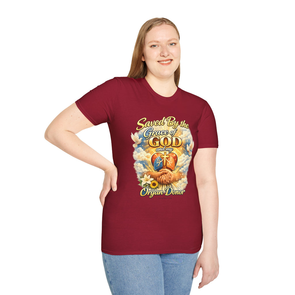 Saved By the Grace of God and My Organ Donor T-Shirt — Religious Inspirational Faith Tee