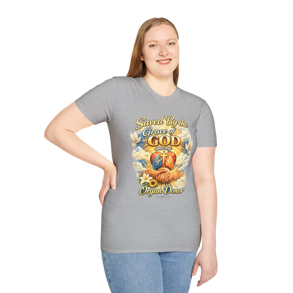 Saved By the Grace of God and My Organ Donor T-Shirt — Religious Inspirational Faith Tee