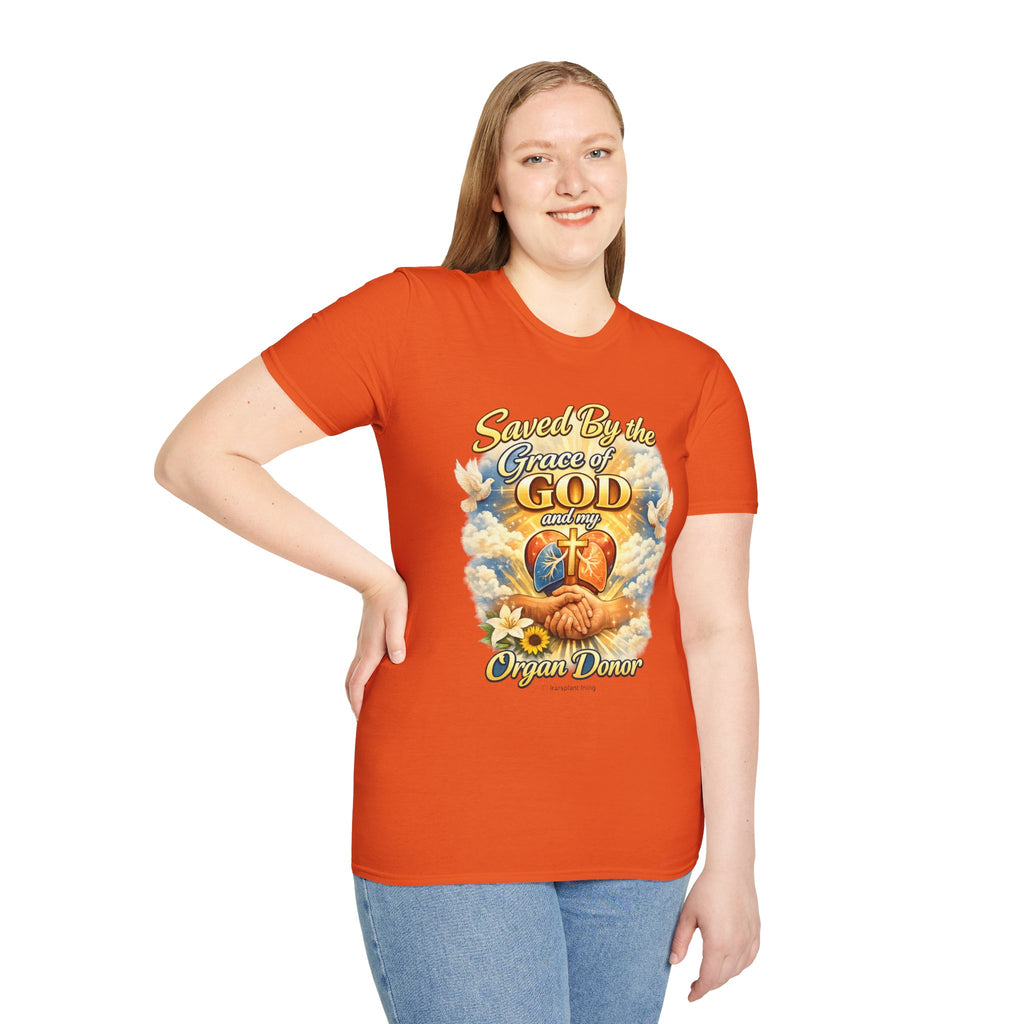 Saved By the Grace of God and My Organ Donor T-Shirt — Religious Inspirational Faith Tee