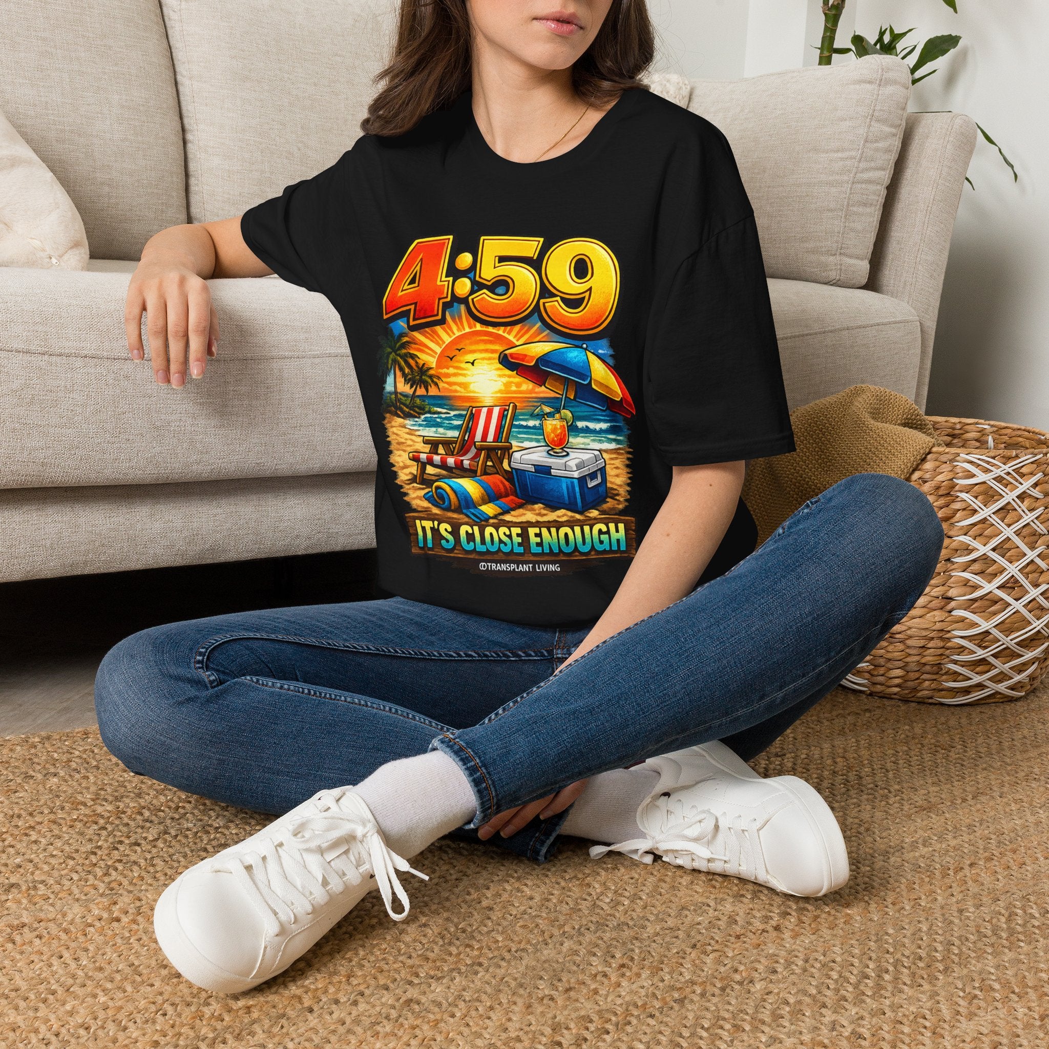 T-Shirt — 4:59 Beach Sunset Graphic "It's Close Enough" Casual Tee