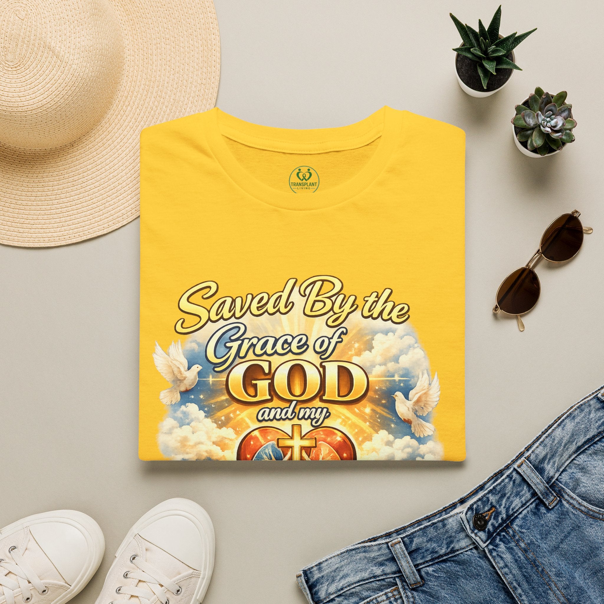 Saved By the Grace of God and My Organ Donor T-Shirt — Religious Inspirational Faith Tee