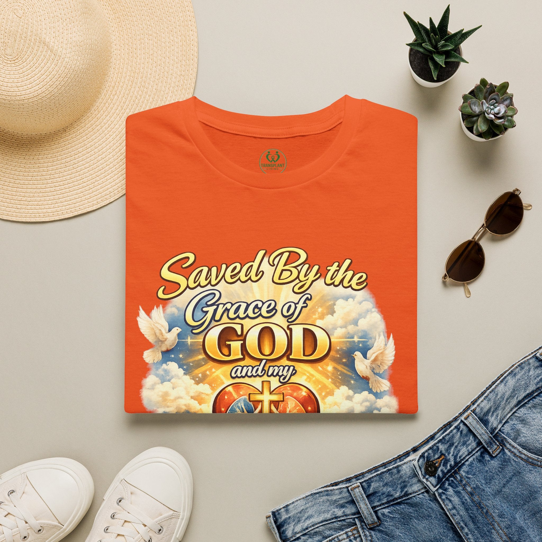Saved By the Grace of God and My Organ Donor T-Shirt — Religious Inspirational Faith Tee