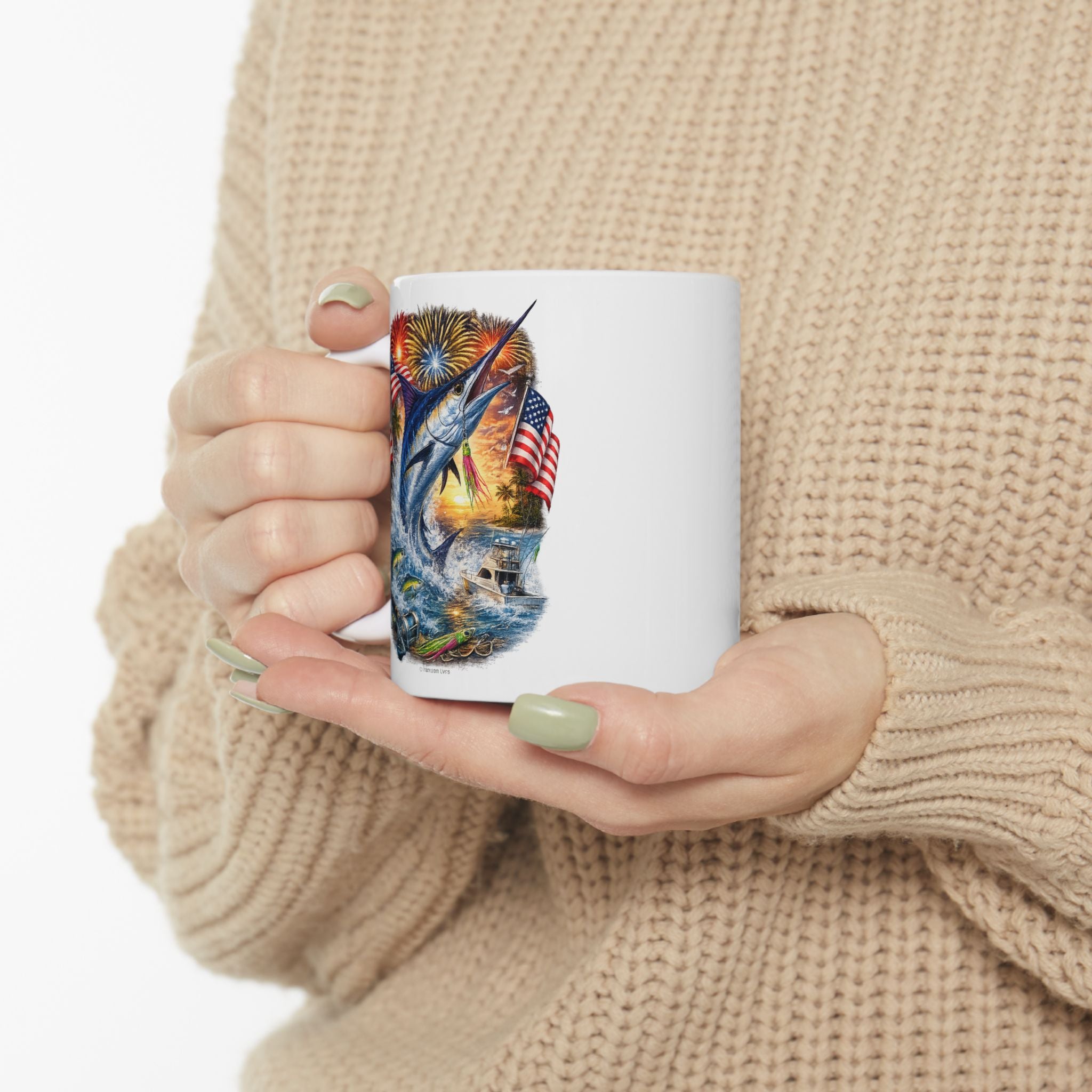 Marlin Fishing and Patriotic  Flag Ceramic Mug — 11oz/15oz
