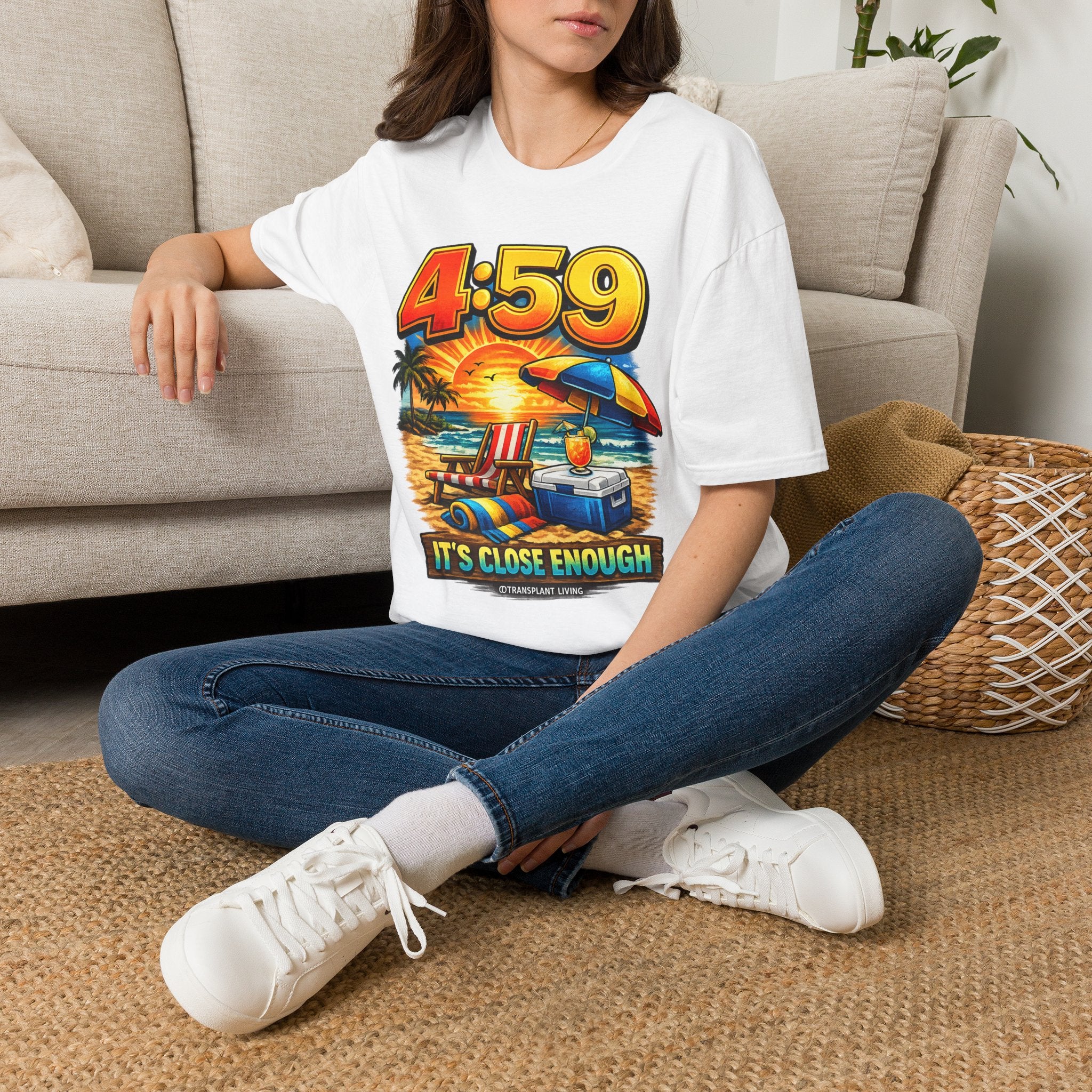 T-Shirt — 4:59 Beach Sunset Graphic "It's Close Enough" Casual Tee