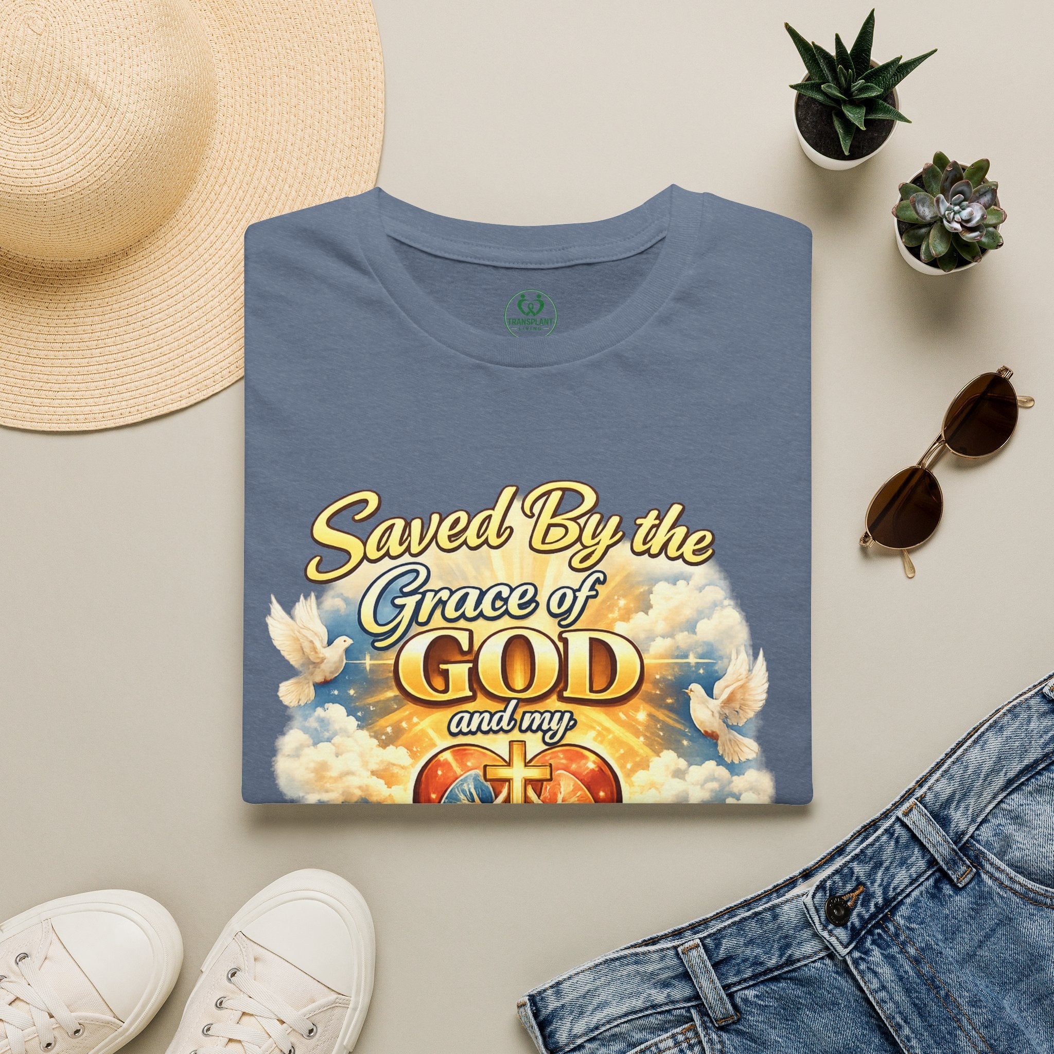 Saved By the Grace of God and My Organ Donor T-Shirt — Religious Inspirational Faith Tee