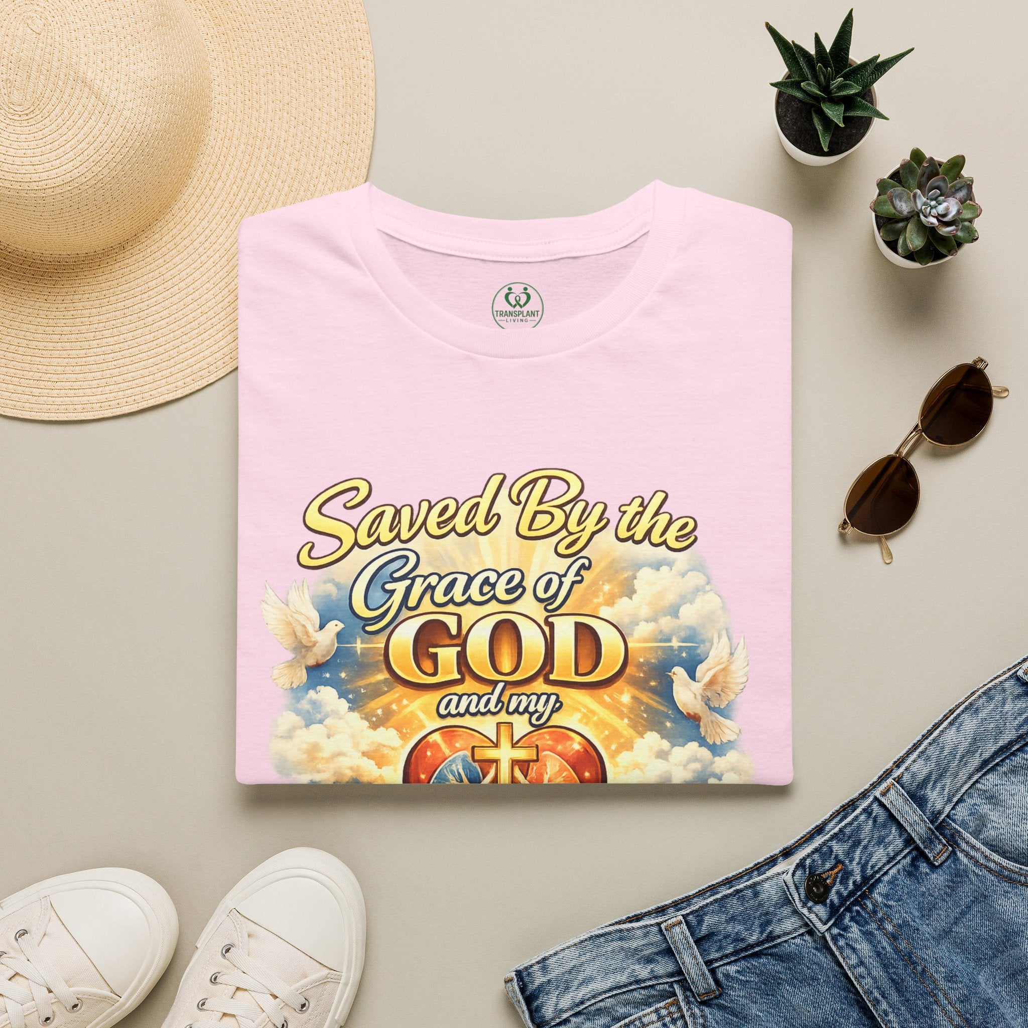 Saved By the Grace of God and My Organ Donor T-Shirt — Religious Inspirational Faith Tee