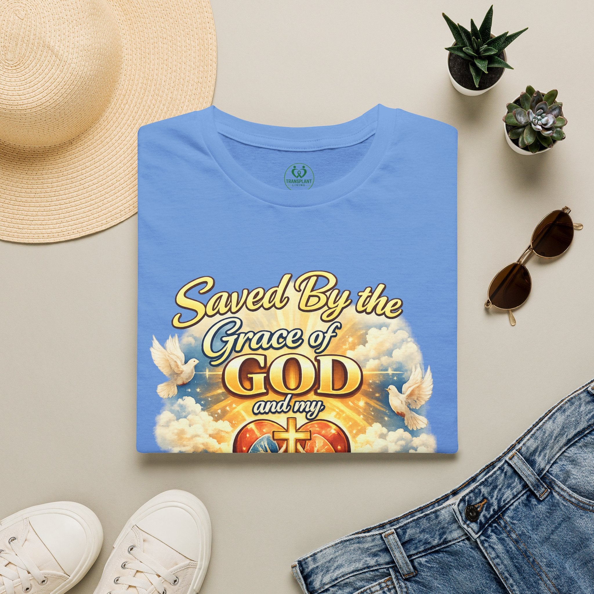 Saved By the Grace of God and My Organ Donor T-Shirt — Religious Inspirational Faith Tee