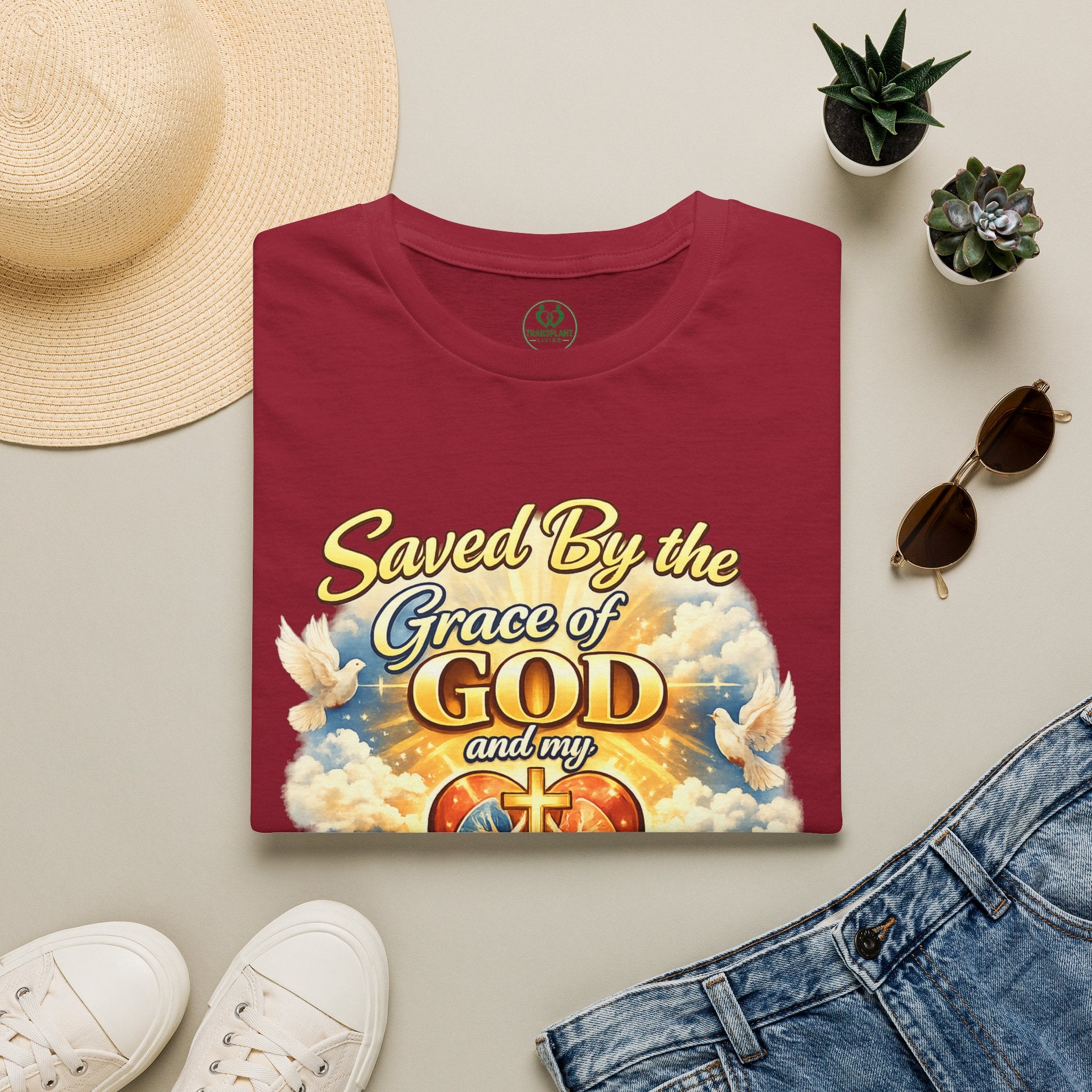 Saved By the Grace of God and My Organ Donor T-Shirt — Religious Inspirational Faith Tee