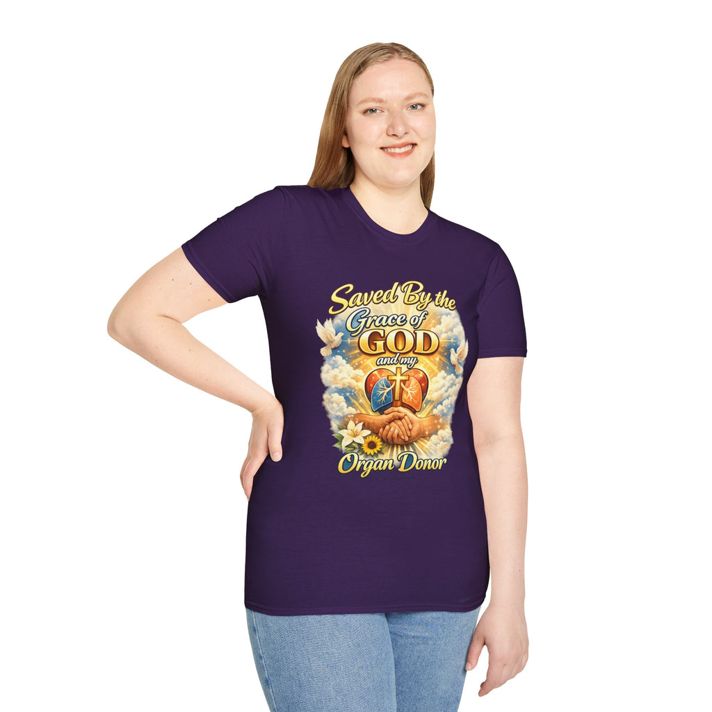 Saved By the Grace of God and My Organ Donor T-Shirt — Religious Inspirational Faith Tee