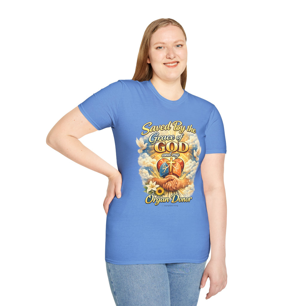 Saved By the Grace of God and My Organ Donor T-Shirt — Religious Inspirational Faith Tee
