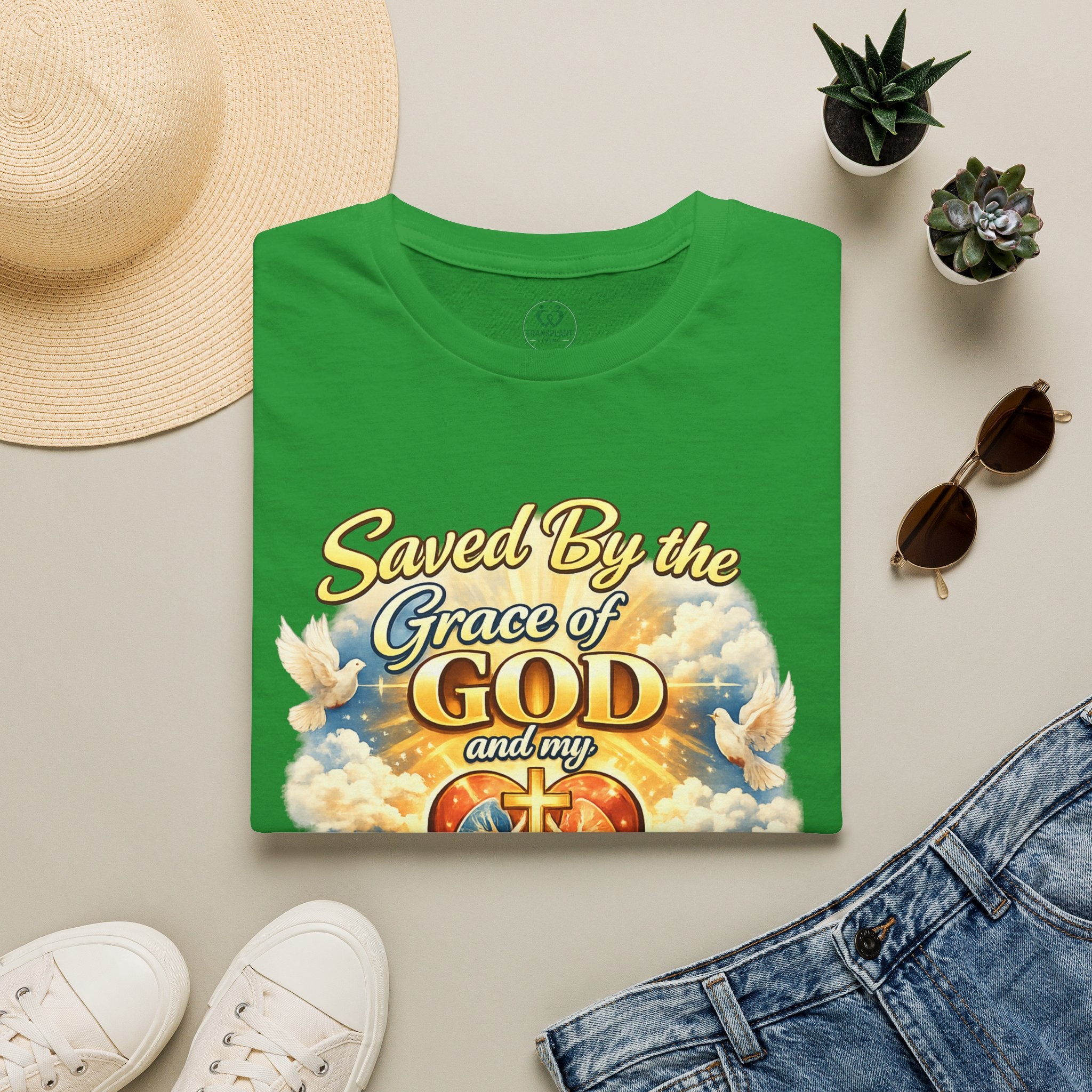 Saved By the Grace of God and My Organ Donor T-Shirt — Religious Inspirational Faith Tee