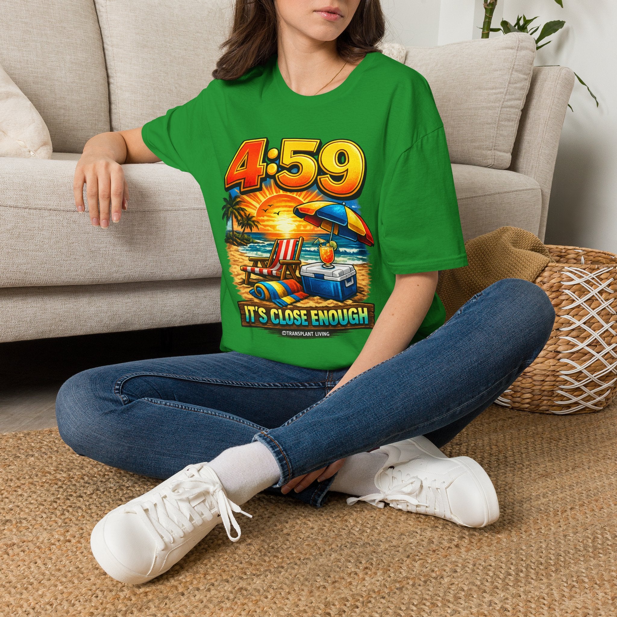 T-Shirt — 4:59 Beach Sunset Graphic "It's Close Enough" Casual Tee