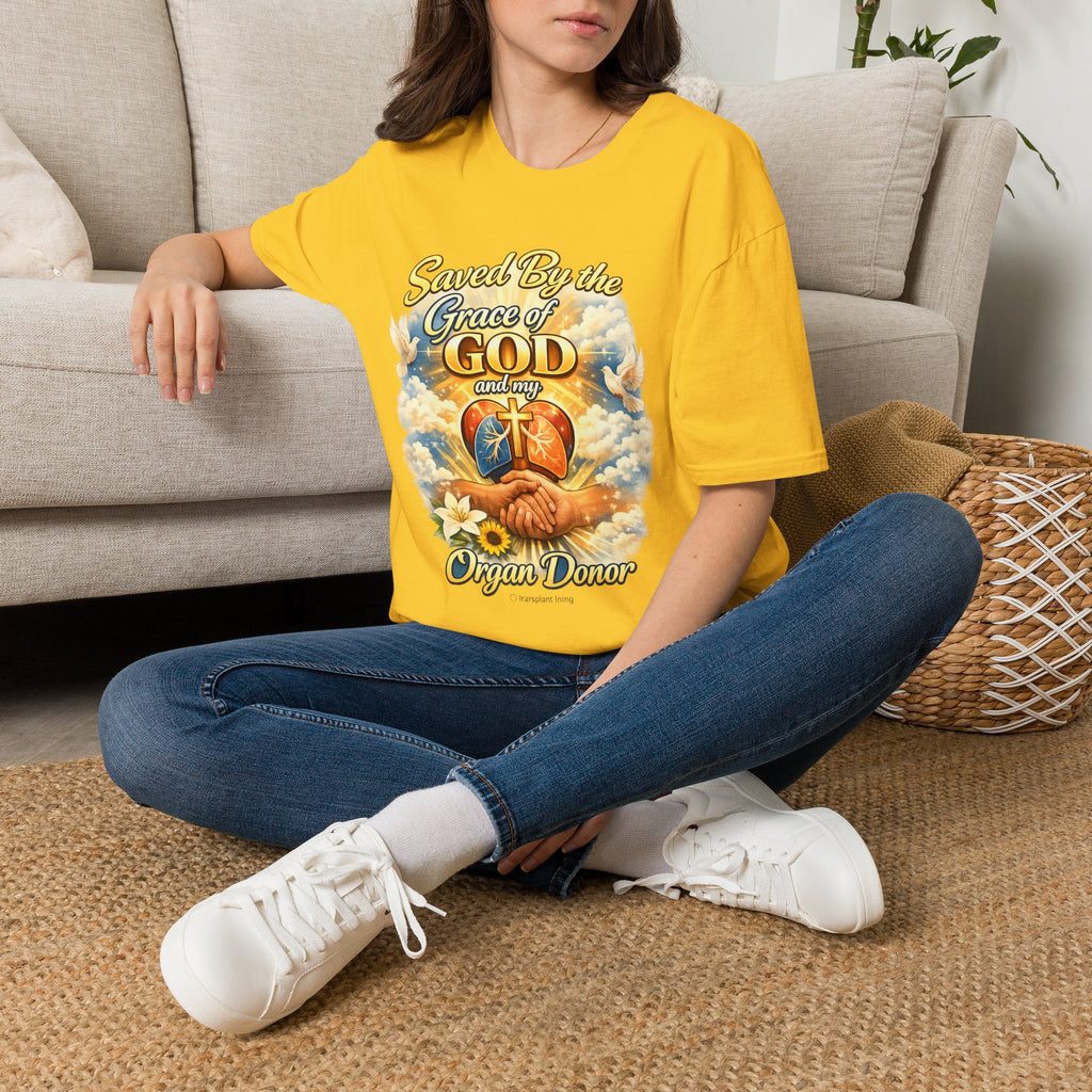Saved By the Grace of God and My Organ Donor T-Shirt — Religious Inspirational Faith Tee