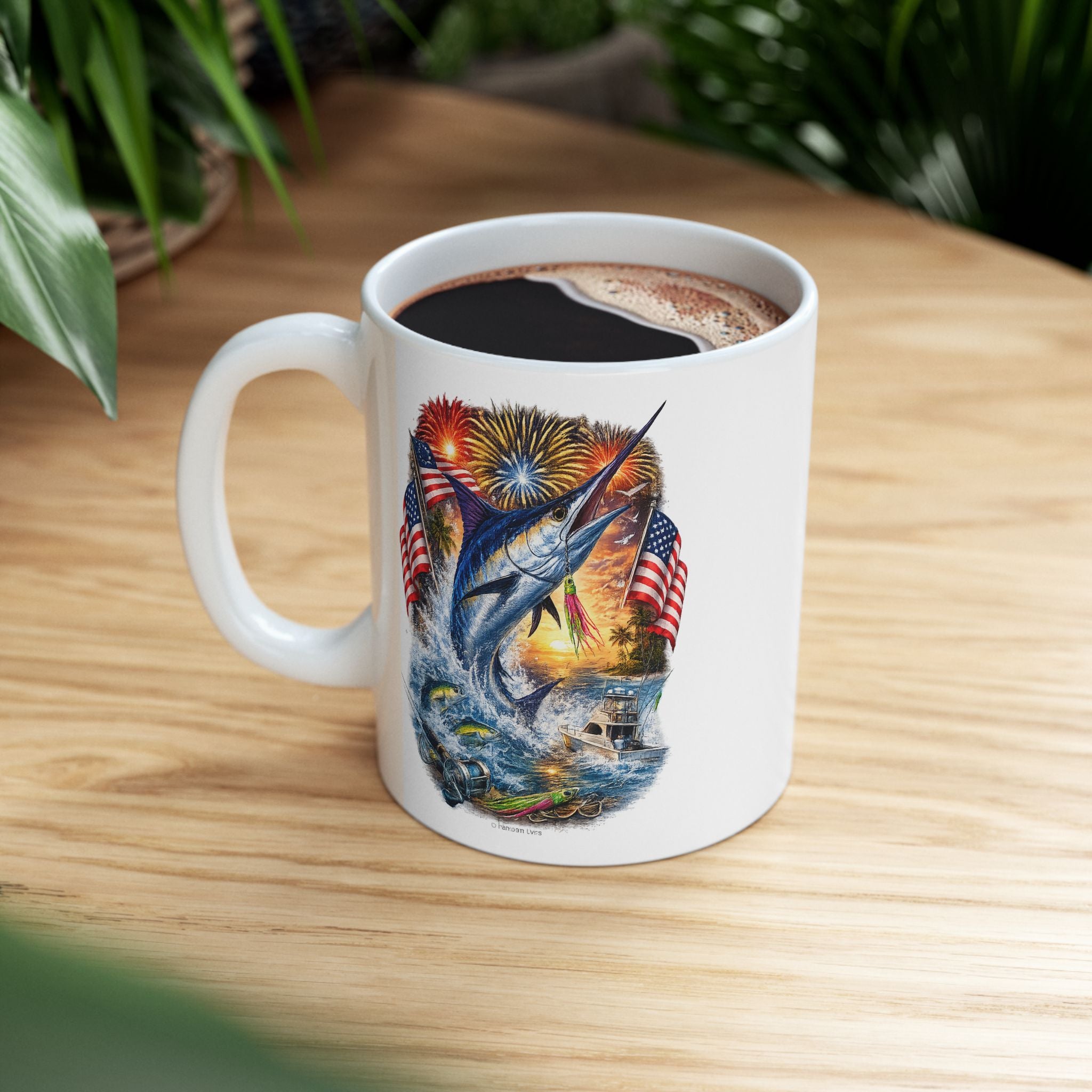 Marlin Fishing and Patriotic  Flag Ceramic Mug — 11oz/15oz