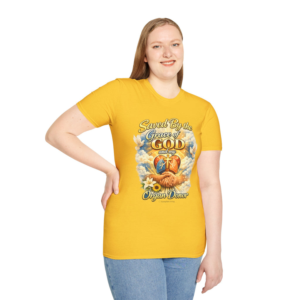 Saved By the Grace of God and My Organ Donor T-Shirt — Religious Inspirational Faith Tee