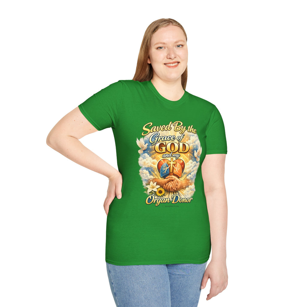 Saved By the Grace of God and My Organ Donor T-Shirt — Religious Inspirational Faith Tee