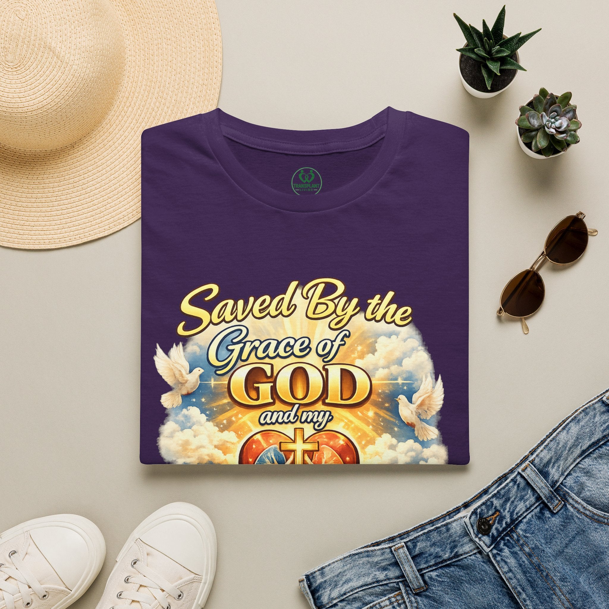 Saved By the Grace of God and My Organ Donor T-Shirt — Religious Inspirational Faith Tee