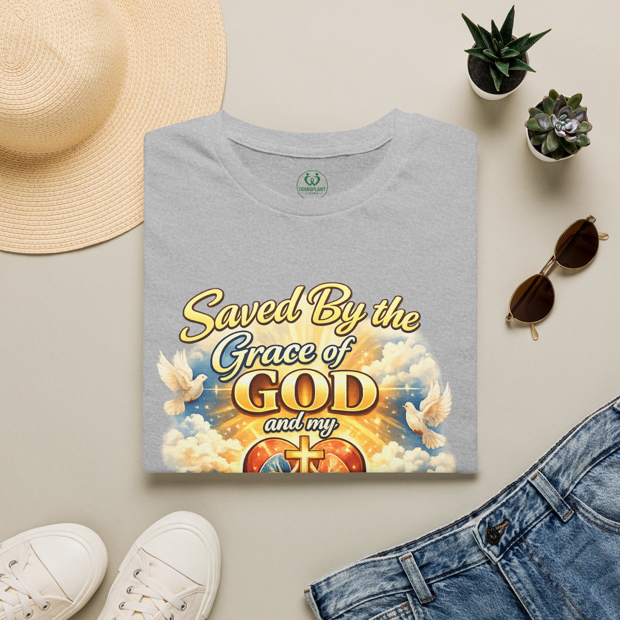 Saved By the Grace of God and My Organ Donor T-Shirt — Religious Inspirational Faith Tee